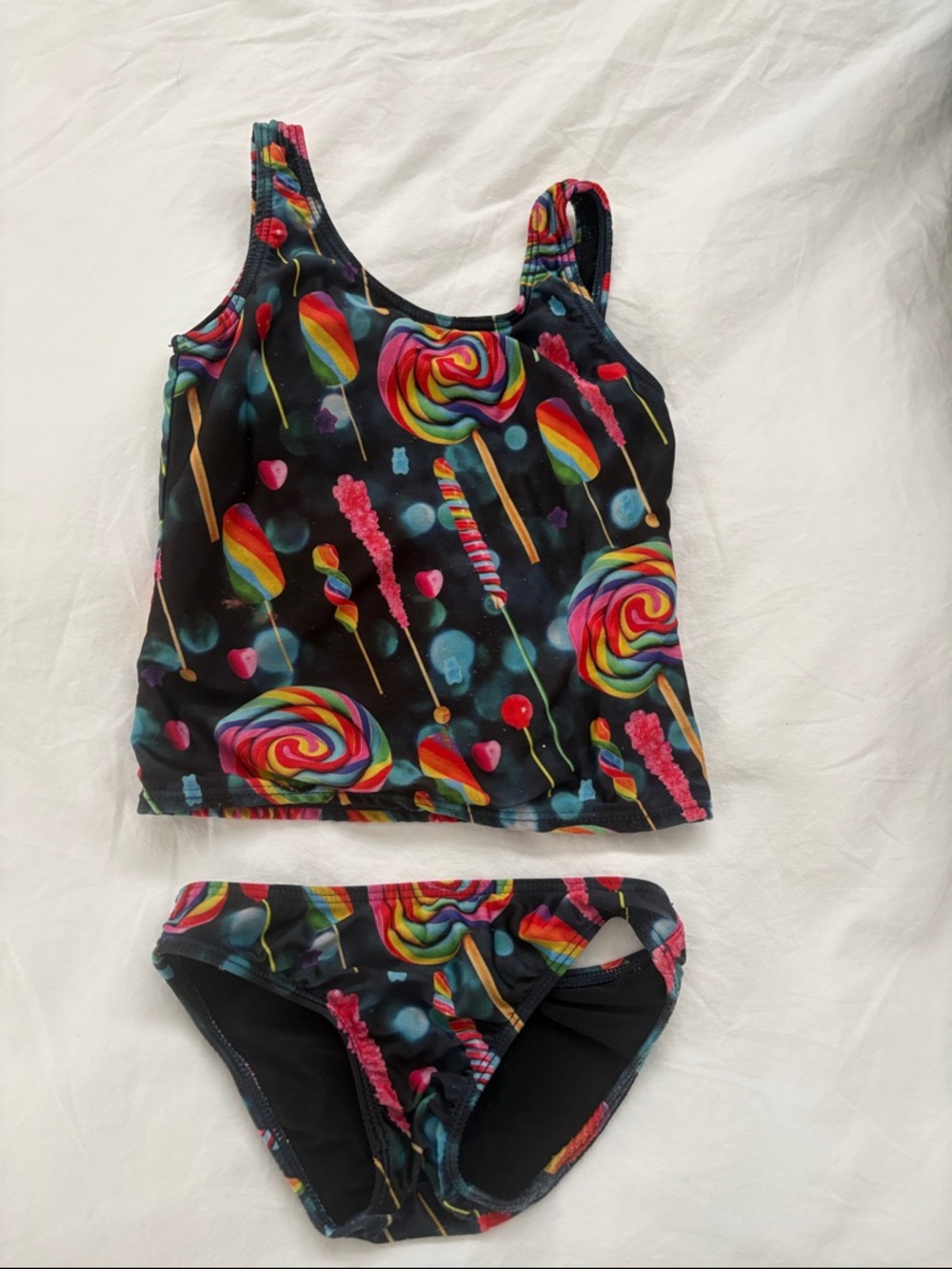 Terez Kids Two-Piece Swimsuit in Black with Rainbow Candy Print